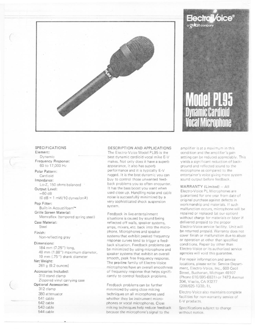 EV PL95 spec sheet